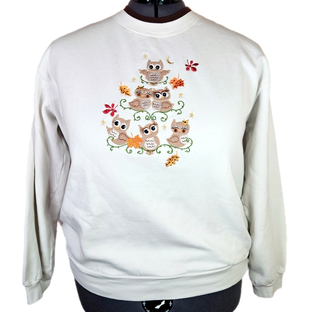 Vintage Fall Autumn Owl Novelty Sweatshirt Women's XL Embroidered Moon and Stars